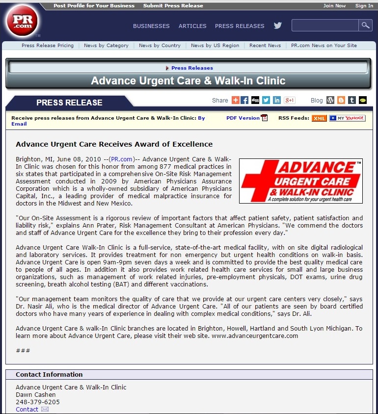 Advance Urgent Care Receives Award of Excellence